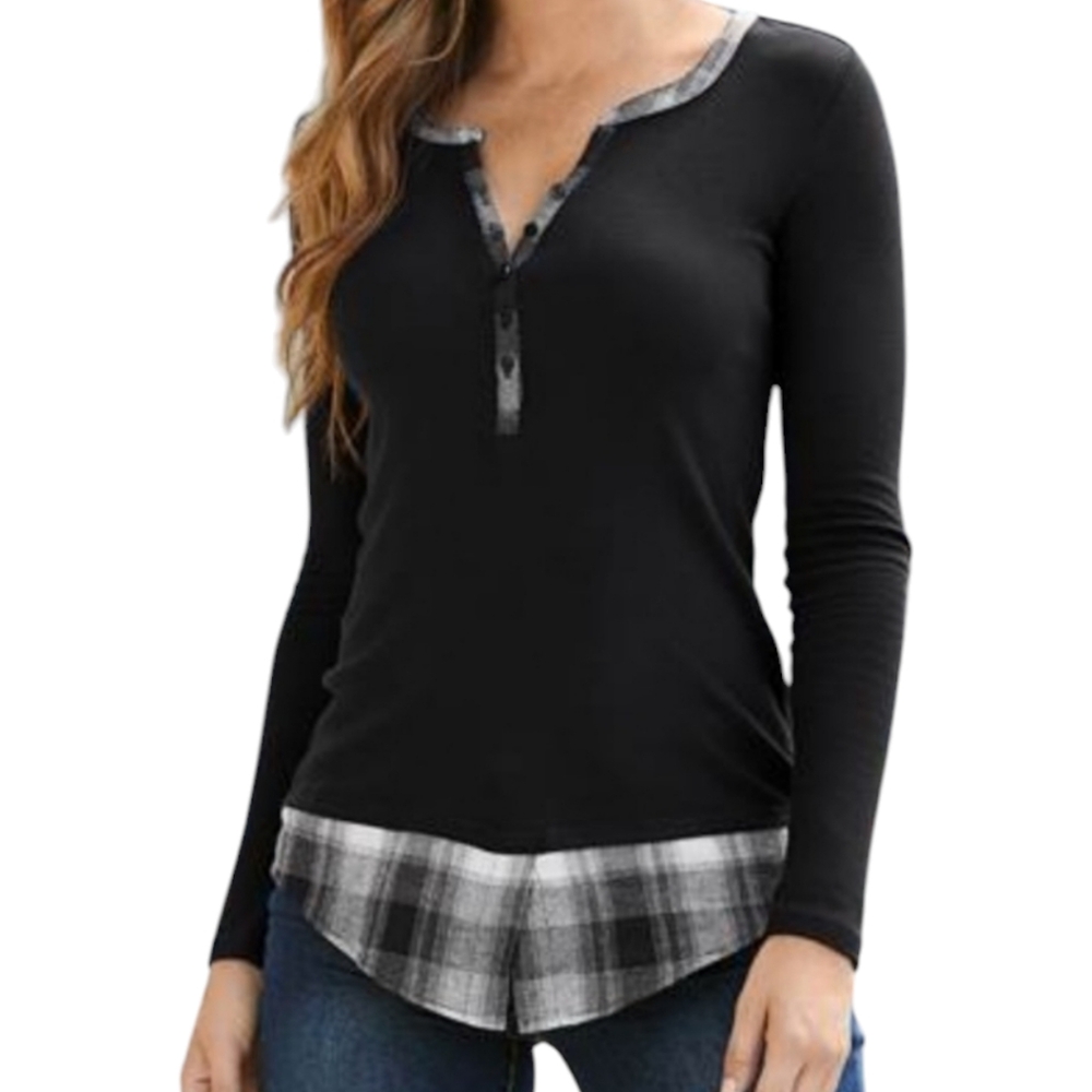 Venus women's long-sleeve Henley top. Sz XS. Color- Black w/black & white plaid